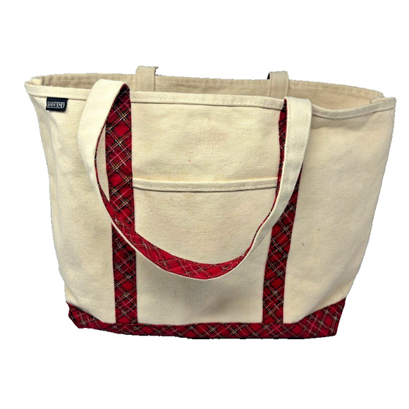 Vintage Lands End Canvas Boat Tote Beach Travel Bag Cream Red Plaid Large USA - Picture 1 of 15